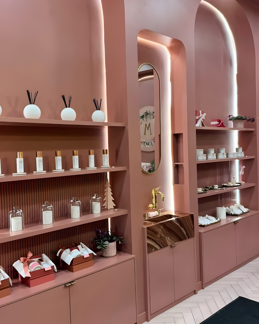 Boutique Maison Margan, comptoir et étagères roses en panneau flexible tambour L prêt à peindre PanFlex | Artmur