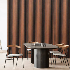 Real wood slat wall panels in a dining room