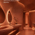 Salle de bain aux murs courbes habillés du panneau flexible effet terre cuite Ram Earth Rouge BétonFlex