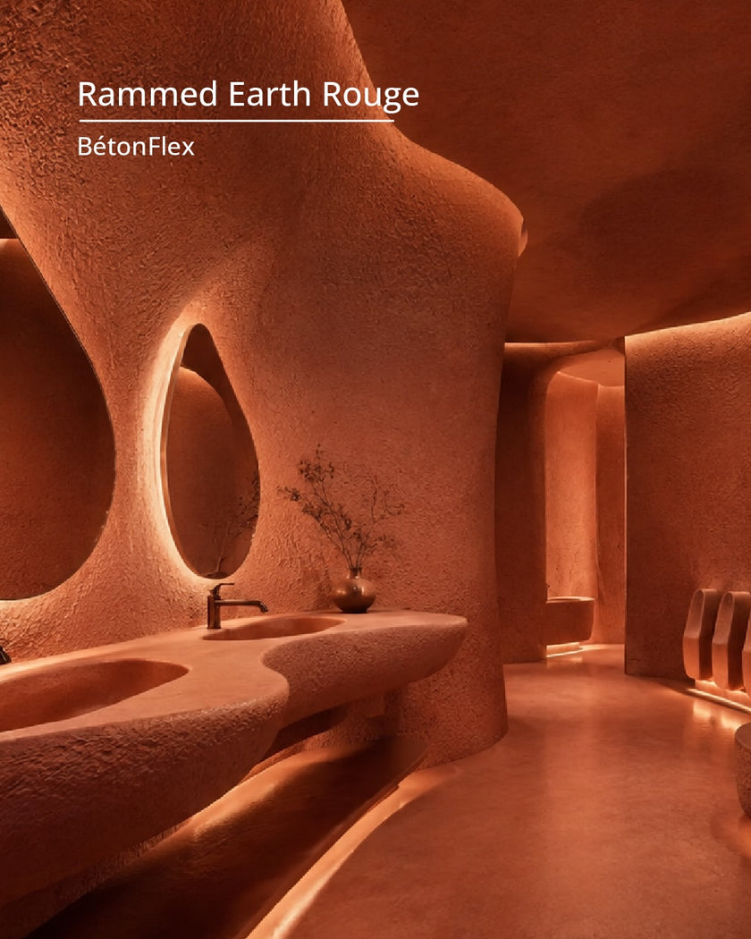 Salle de bain aux murs courbes habillés du panneau flexible effet terre cuite Ram Earth Rouge BétonFlex