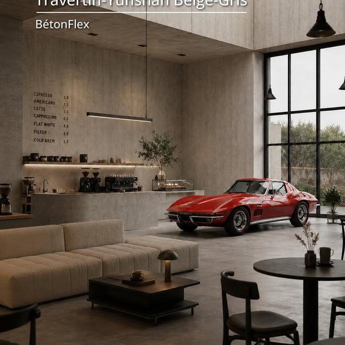 Café with walls covered in the Yunshan beige grey travertine-look BétonFlex flexible panel