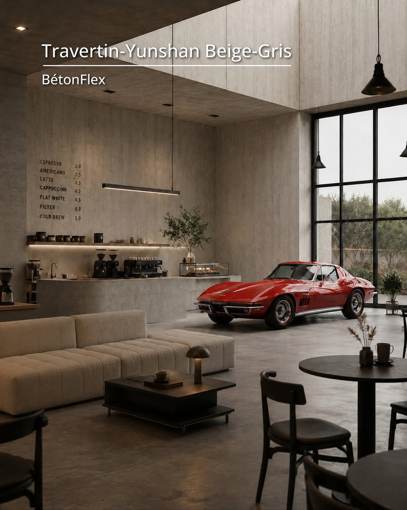 Café with walls covered in the Yunshan beige grey travertine-look BétonFlex flexible panel