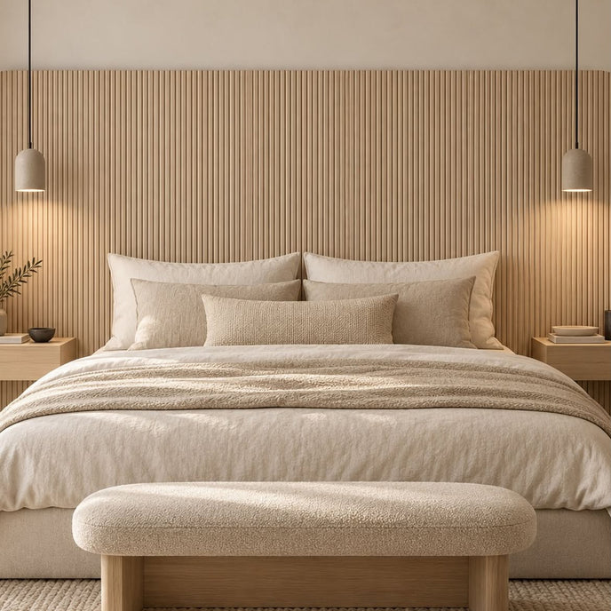 Bedroom with a headboard wall in the natural oak Mini slat SuperFlex flexible panel