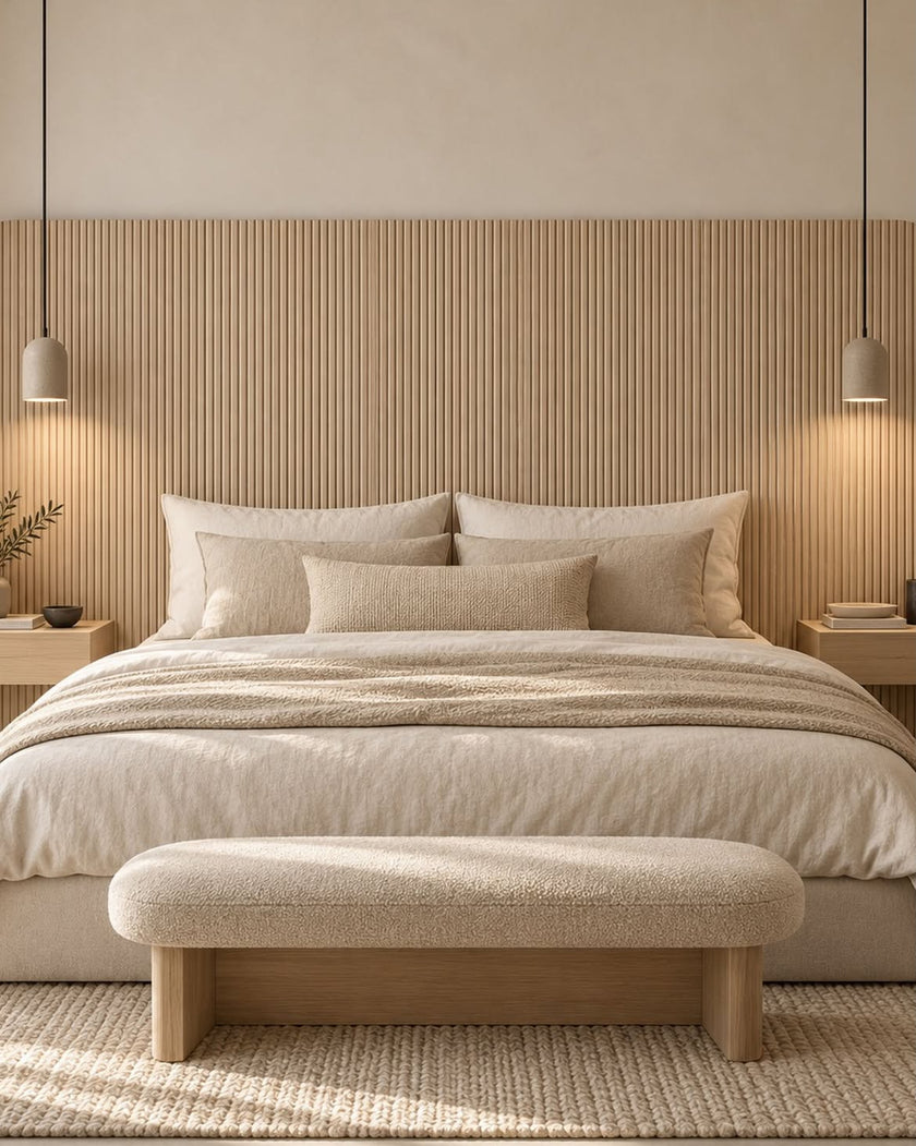Bedroom with a headboard wall in the natural oak Mini slat SuperFlex flexible panel