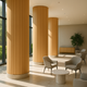 Lobby columns wrapped in the natural oak Mini slat SuperFlex flexible panel