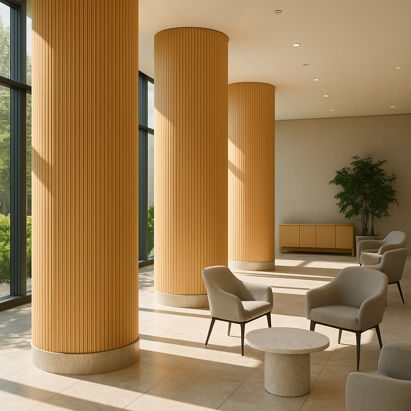 Lobby columns wrapped in the natural oak Mini slat SuperFlex flexible panel