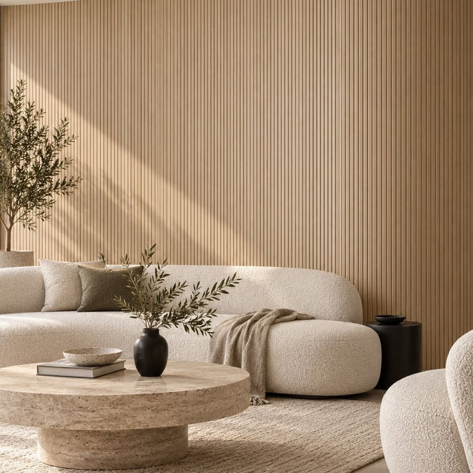 Living room with a curved wall covered in the natural oak Mini slat SuperFlex flexible panel