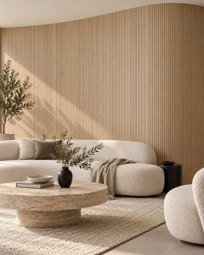 Living room with a curved wall covered in the natural oak Mini slat SuperFlex flexible panel
