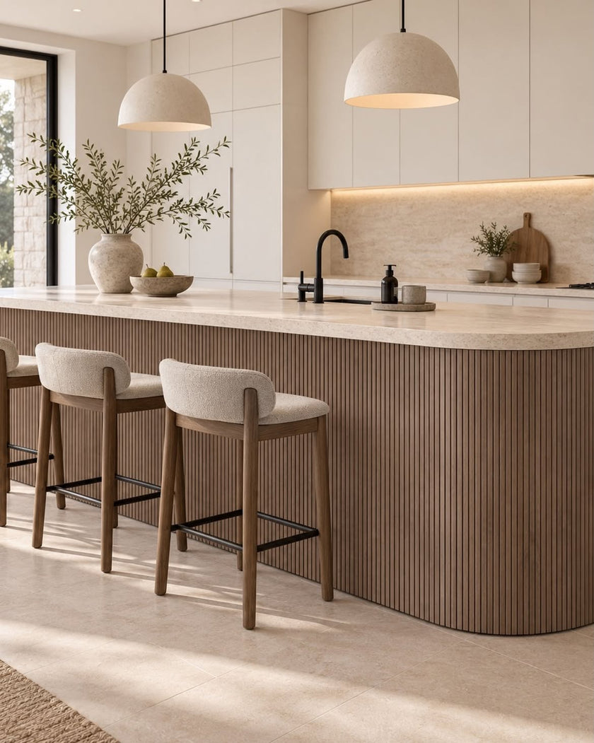Rounded kitchen island covered in the walnut Mini slat SuperFlex flexible panel