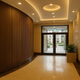 Entrance hall with a curved wall covered in the walnut Mini slat SuperFlex flexible panel