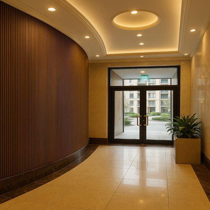 Entrance hall with a curved wall covered in the walnut Mini slat SuperFlex flexible panel