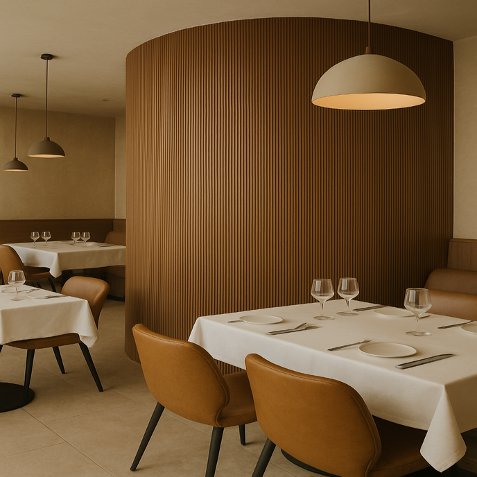 Restaurant dining room with a rounded wall in the walnut Mini slat SuperFlex flexible panel