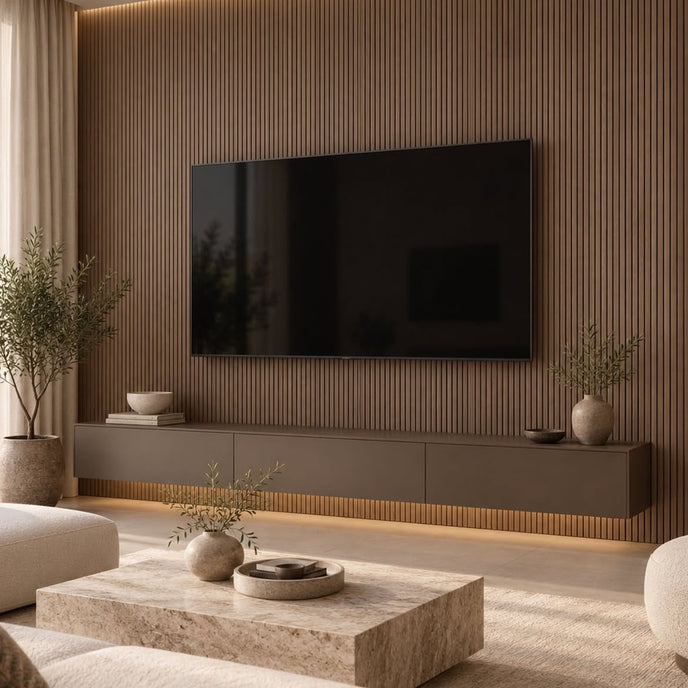 Living room with a TV wall in the walnut Mini slat SuperFlex flexible panel