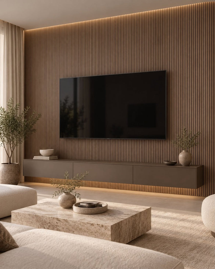 Living room with a TV wall in the walnut Mini slat SuperFlex flexible panel