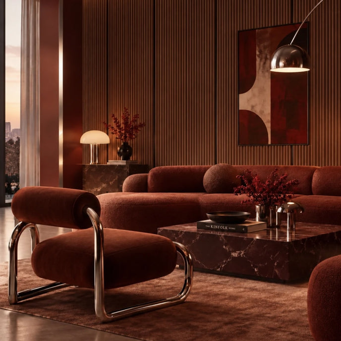 Salon avec mur en panneau flexible Velour Rouille foncé VelvFlex à cannelures