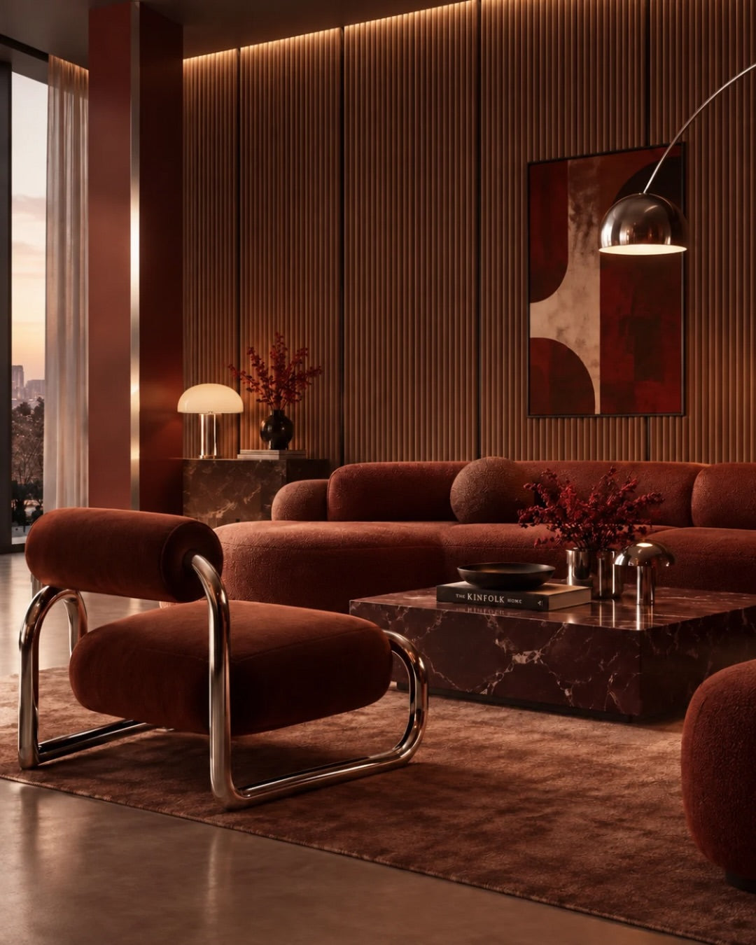 Living room with a ribbed dark rust Velour VelvFlex flexible wall panel