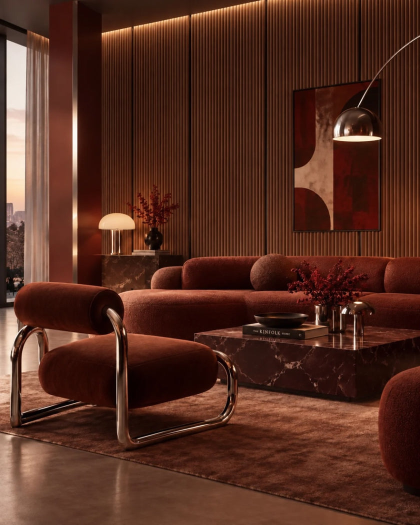 Salon avec mur en panneau flexible Velour Rouille foncé VelvFlex à cannelures