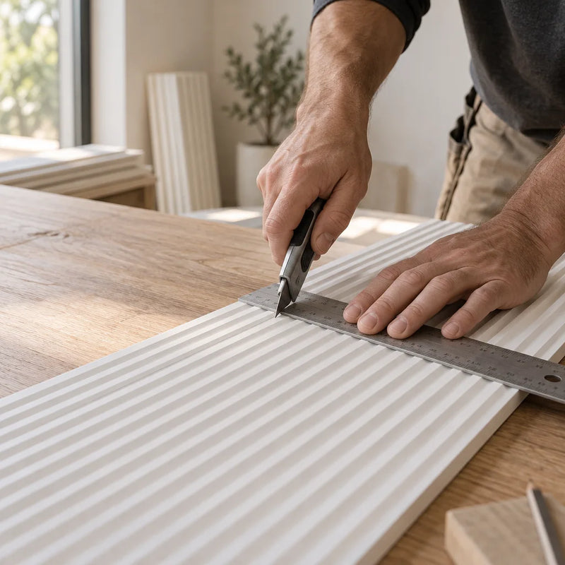 Installing PVC wall panels: measuring and cutting a panel with a ruler and utility knife