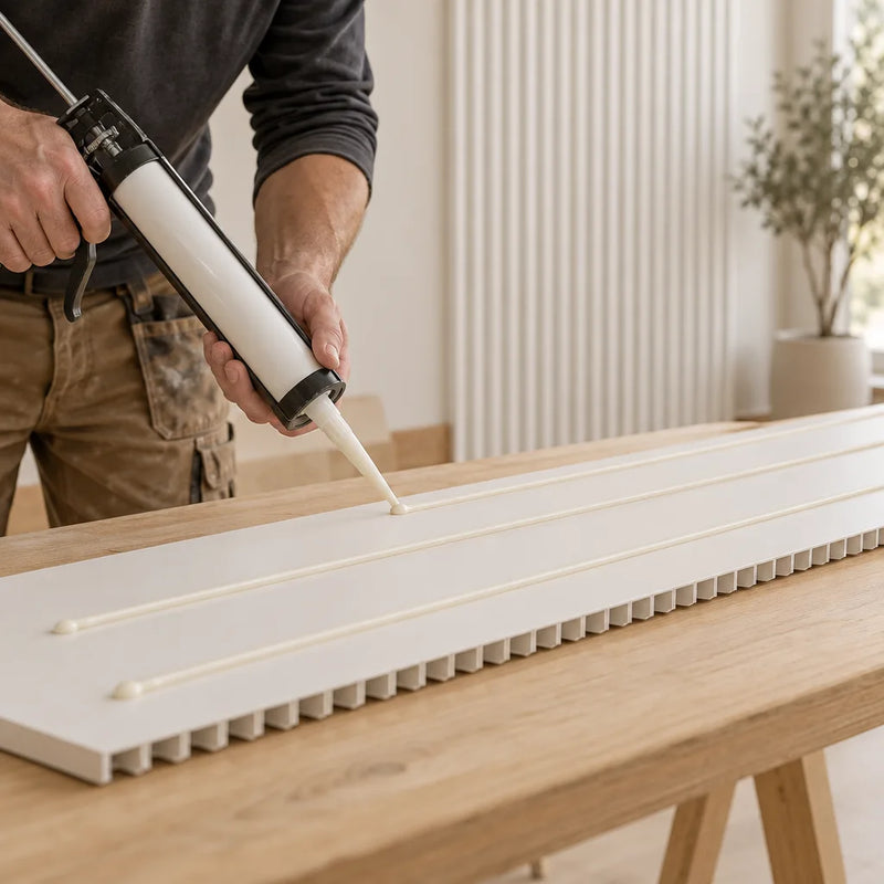 Installing PVC wall panels: applying construction adhesive to the flat back of the panel