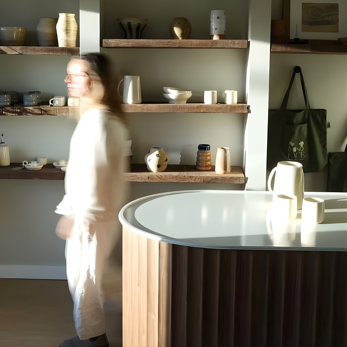 Fluted counter at Face ML boutique in the concave walnut PanFlex flexible panel | Artmur Montreal