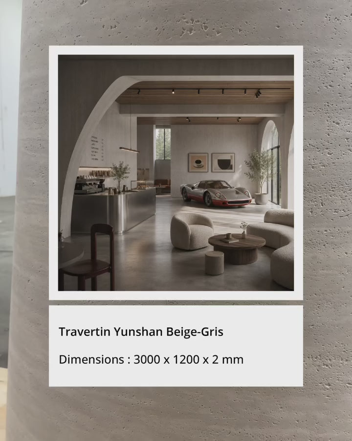 Vidéo du panneau flexible effet travertin Yunshan beige gris BétonFlex, format 3000 x 1200 x 2 mm