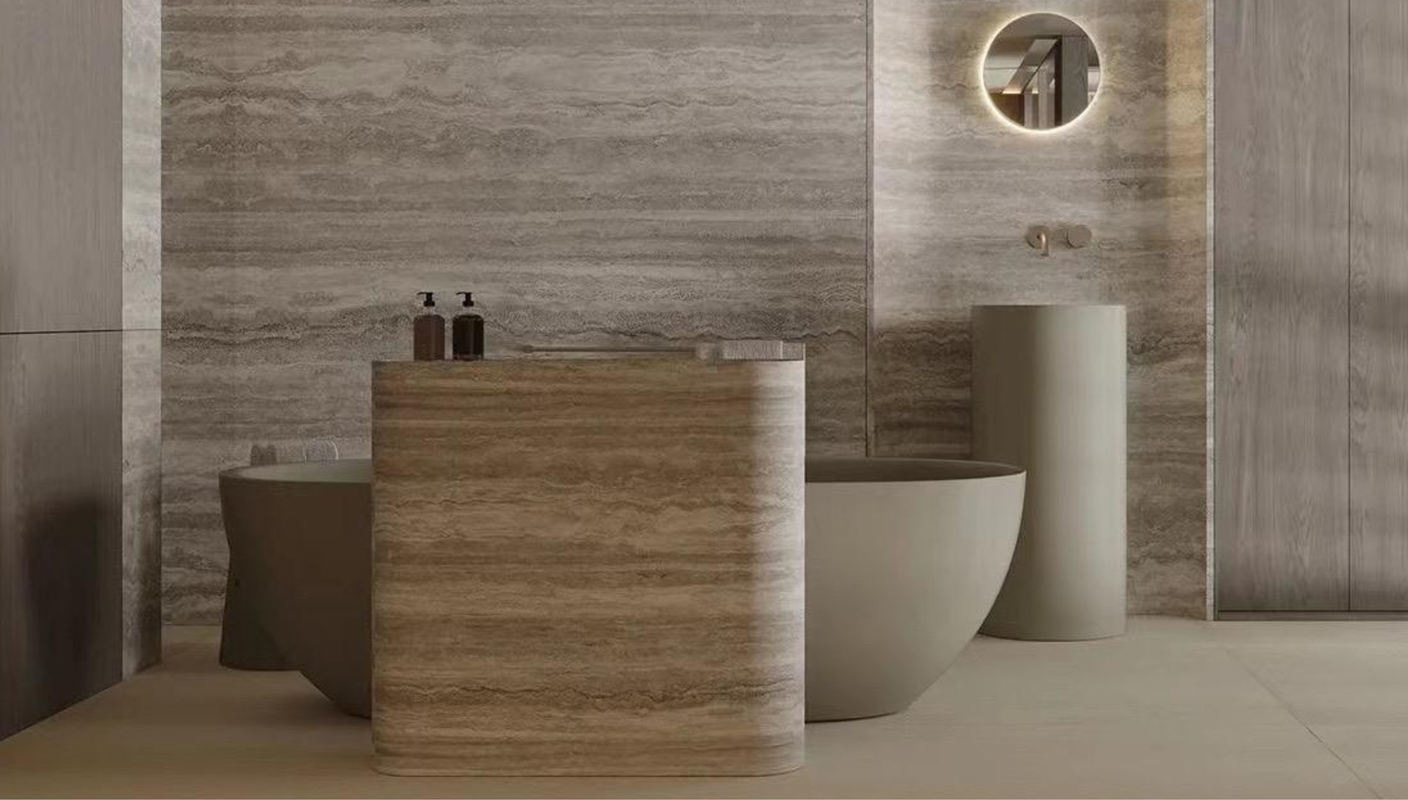 Salle de bain en travertin, effet pierre du panneau mural Travertino | Artmur